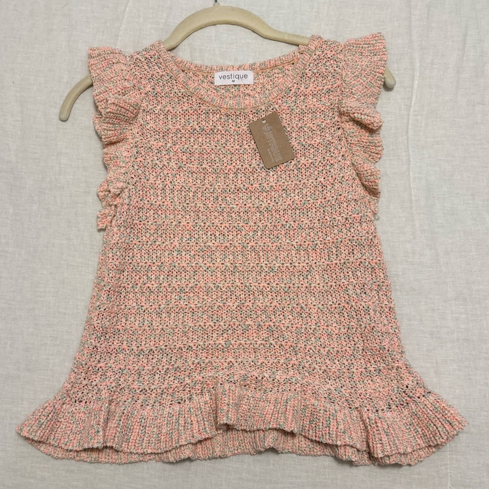 Vestique Speckled Peach Ruffle Sleeve Crochet Sweater Top